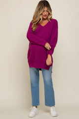 Magenta Chunky Knit V-Neck Side Slit Long Maternity Sweater