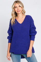 Purple Chunky Knit V-Neck Side Slit Long Sweater