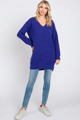 Purple Chunky Knit V-Neck Side Slit Long Sweater