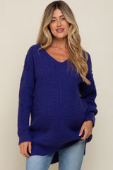 Purple Chunky Knit V-Neck Side Slit Long Maternity Sweater