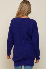 Purple Chunky Knit V-Neck Side Slit Long Maternity Sweater