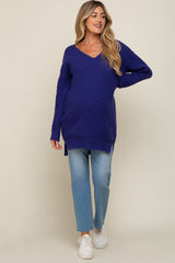 Purple Chunky Knit V-Neck Side Slit Long Maternity Sweater