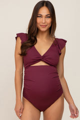 Plum Ribbed Cutout Flutter One Piece Maternity Swimsuit