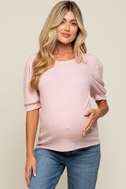 Light Pink Puff Sleeve Waffle Knit Maternity Top