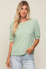 Light Olive Puff Sleeve Waffle Knit Maternity Top