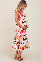 Ivory Floral Smocked Ruffle Tier Maternity Midi Dress