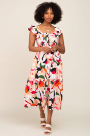 Ivory Floral Smocked Ruffle Tier Midi Dress