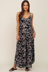 Black Leaf Print Round Hem Back Tie Maternity Jumpsuit