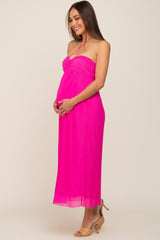 Fuchsia Pleated Cross Front Halter Maternity Midi Dress