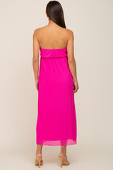 Fuchsia Pleated Cross Front Halter Maternity Midi Dress