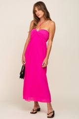 Fuchsia Pleated Cross Front Halter Maternity Midi Dress