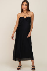 Black Pleated Cross Front Halter Maternity Midi Dress