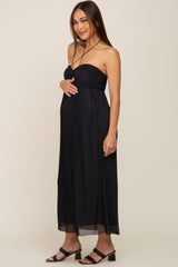 Black Pleated Cross Front Halter Maternity Midi Dress