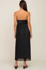 Black Pleated Cross Front Halter Maternity Midi Dress