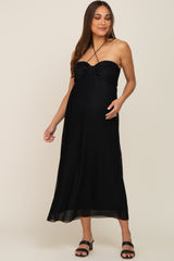 Black Pleated Cross Front Halter Maternity Midi Dress