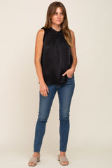 Black Ruffle Mock Neck Sleeveless Satin Blouse