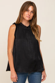 Black Ruffle Mock Neck Sleeveless Satin Blouse