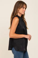 Black Ruffle Mock Neck Sleeveless Satin Blouse