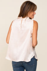 Beige Ruffle Mock Neck Sleeveless Satin Blouse