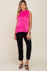 Fuchsia Ruffle Mock Neck Sleeveless Satin Maternity Blouse