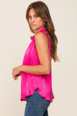 Fuchsia Ruffle Mock Neck Sleeveless Satin Blouse