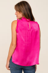 Fuchsia Ruffle Mock Neck Sleeveless Satin Blouse