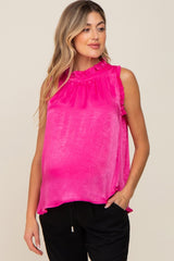 Fuchsia Ruffle Mock Neck Sleeveless Satin Maternity Blouse