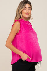 Fuchsia Ruffle Mock Neck Sleeveless Satin Maternity Blouse