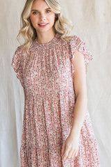 Pink Floral Chiffon Tiered Dress