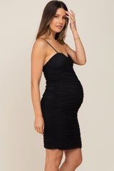 Black Ruched Mesh Sweetheart Neck Maternity Dress