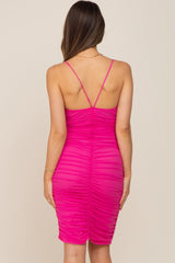 Fuchsia Ruched Mesh Sweetheart Neck Maternity Dress