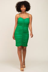 Green Ruched Mesh Sweetheart Neck Dress