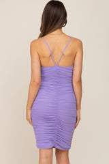 Lavender Ruched Mesh Sweetheart Neck Maternity Dress