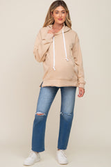 Taupe Raw Edge Trim Maternity Drawstring Hoodie