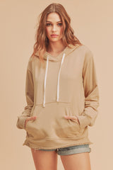 Taupe Raw Edge Trim Maternity Drawstring Hoodie