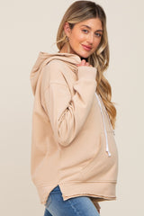 Taupe Raw Edge Trim Maternity Drawstring Hoodie