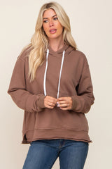 Mocha Raw Edge Trim Drawstring Hoodie