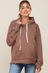 Mocha Raw Edge Trim Maternity Drawstring Hoodie