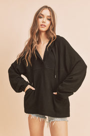 Black V-Neck Drawstring Hooded Top