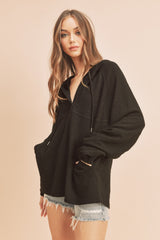 Black V-Neck Drawstring Hooded Top