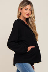 Black V-Neck Drawstring Hooded Maternity Top