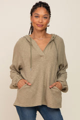 Olive V-Neck Drawstring Hooded Top