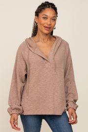 Mocha V-Neck Drawstring Hooded Top