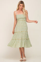 Light Olive Floral Smocked Tiered Midi Dress