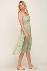 Light Olive Floral Smocked Tiered Midi Dress