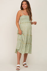 Light Olive Floral Smocked Tiered Maternity Midi Dress