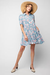 Blue Floral Button Up Collared Tiered Dress