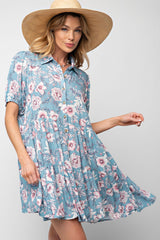 Blue Floral Button Up Collared Tiered Dress