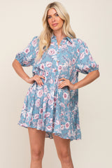 Blue Floral Button Up Collared Tiered Dress