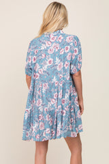 Blue Floral Button Up Collared Tiered Dress